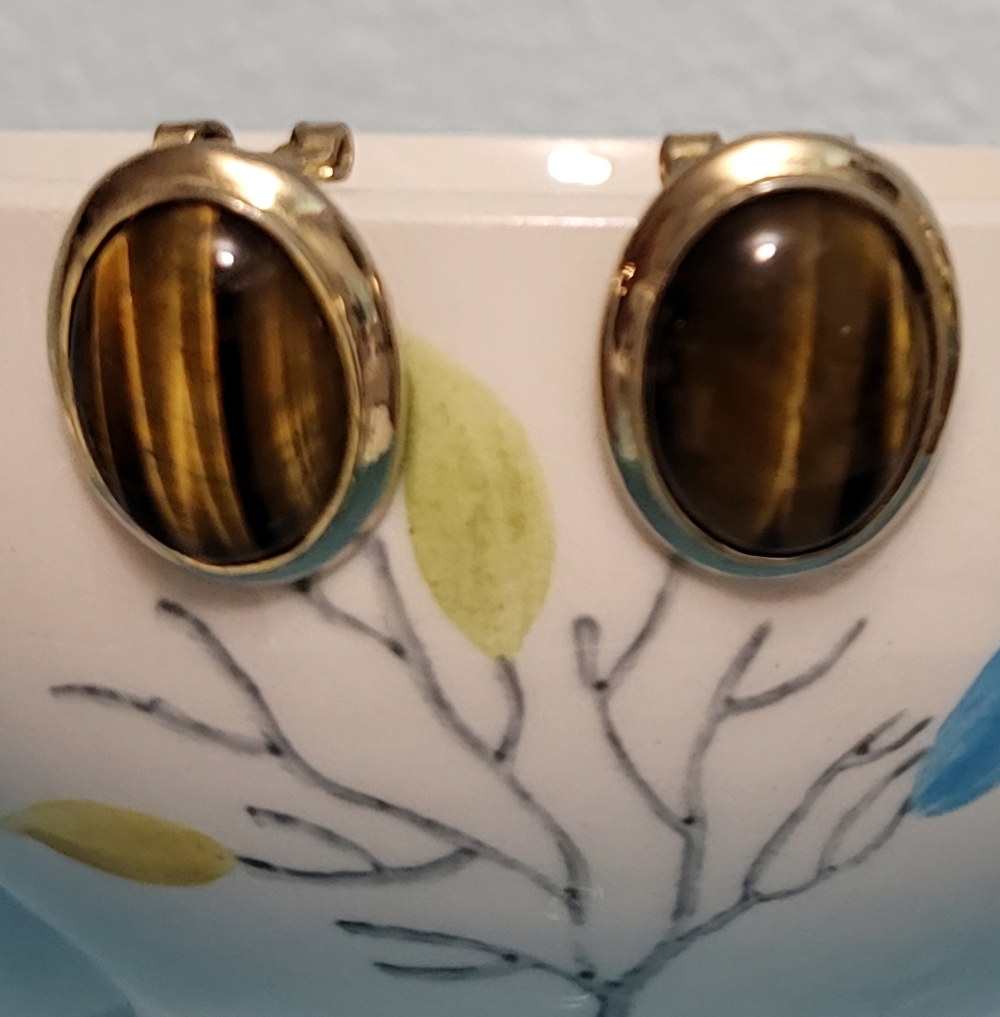 2pr Vintage Clips Jade, Tiger Eye - Picture 2 of 6